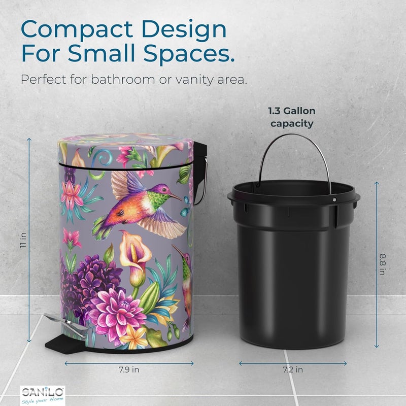 Sanilo Small Bathroom Trash Can with Lid [1.3 Gallon] - Lidded Tiny Trashcan for Garbage - Mini Metal Bin with Soft Closing Mechanism - Bath Room Accessoire Wastebin with Inner Bucket (Hummingbird) - Image 4